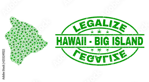 Vector cannabis Hawaii Big Island map collage and grunge textured Legalize stamp seal. Concept with green weed leaves. Concept for cannabis legalize campaign.