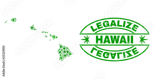 Vector marijuana Hawaii State map collage and grunge textured Legalize stamp seal. Concept with green weed leaves. Concept for cannabis legalize campaign.