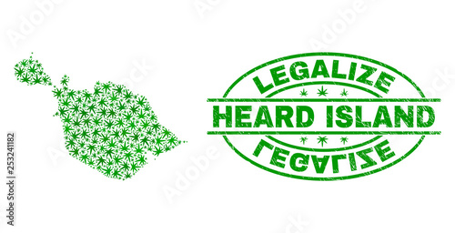 Vector cannabis Heard and McDonald Islands map collage and grunge textured Legalize stamp seal. Concept with green weed leaves. Template for cannabis legalize campaign.