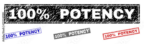 Grunge 100% POTENCY rectangle stamp seals isolated on a white background. Rectangular seals with grunge texture in red, blue, black and grey colors.