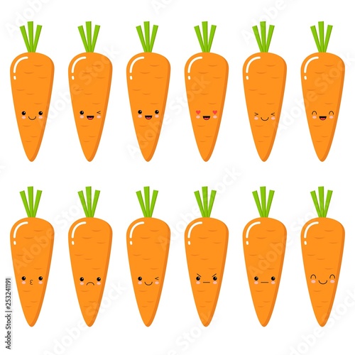 Set of cute smiley carrots. Set of Emoji carrot. Smile vegetable. Isolated flat vector illustration on white background.