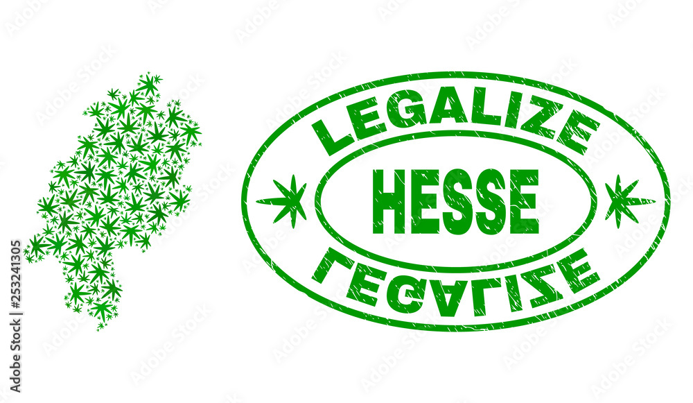Vector cannabis Hesse Land map collage and grunge textured Legalize stamp seal. Concept with green weed leaves. Concept for cannabis legalize campaign.