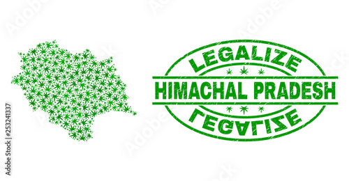 Vector cannabis Himachal Pradesh State map mosaic and grunge textured Legalize stamp seal. Concept with green weed leaves. Concept for cannabis legalize campaign.