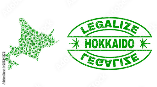 Vector marijuana Hokkaido map mosaic and grunge textured Legalize stamp seal. Concept with green weed leaves. Concept for cannabis legalize campaign.