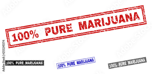 Grunge 100% PURE MARIJUANA rectangle stamp seals isolated on a white background. Rectangular seals with grunge texture in red, blue, black and gray colors.