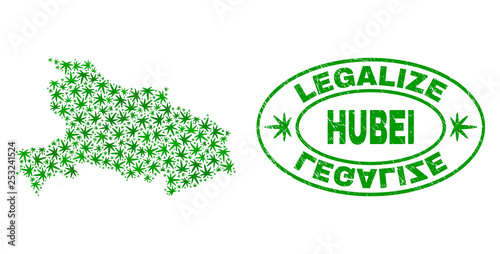 Vector cannabis Hubei Province map collage and grunge textured Legalize stamp seal. Concept with green weed leaves. Concept for cannabis legalize campaign.