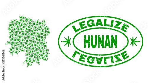 Vector marijuana Hunan Province map mosaic and grunge textured Legalize stamp seal. Concept with green weed leaves. Concept for cannabis legalize campaign.