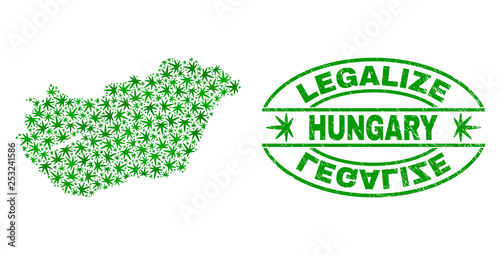 Vector cannabis Hungary map mosaic and grunge textured Legalize stamp seal. Concept with green weed leaves. Concept for cannabis legalize campaign. Vector Hungary map is designed with weed leaves.