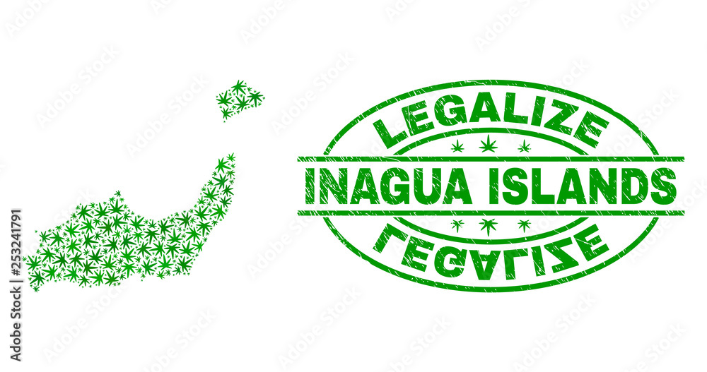 Vector marijuana Inagua Islands map collage and grunge textured Legalize stamp seal. Concept with green weed leaves. Concept for cannabis legalize campaign.