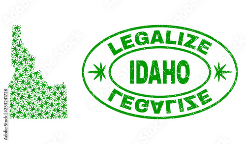 Vector cannabis Idaho State map collage and grunge textured Legalize stamp seal. Concept with green weed leaves. Concept for cannabis legalize campaign.