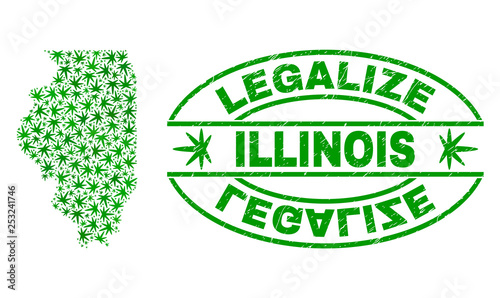 Vector marijuana Illinois State map collage and grunge textured Legalize stamp seal. Concept with green weed leaves. Concept for cannabis legalize campaign.