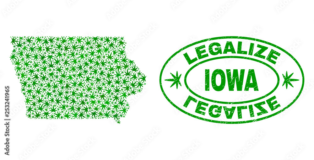 Vector cannabis Iowa State map mosaic and grunge textured Legalize stamp seal. Concept with green weed leaves. Concept for cannabis legalize campaign.