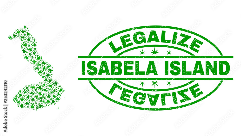 Vector cannabis Isabela Island of Galapagos map collage and grunge textured Legalize stamp seal. Concept with green weed leaves. Template for cannabis legalize campaign.