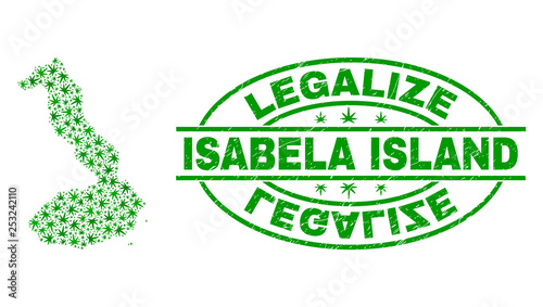 Vector cannabis Isabela Island of Galapagos map collage and grunge textured Legalize stamp seal. Concept with green weed leaves. Template for cannabis legalize campaign.