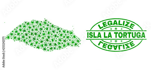 Vector marijuana Isla La Tortuga map mosaic and grunge textured Legalize stamp seal. Concept with green weed leaves. Concept for cannabis legalize campaign.