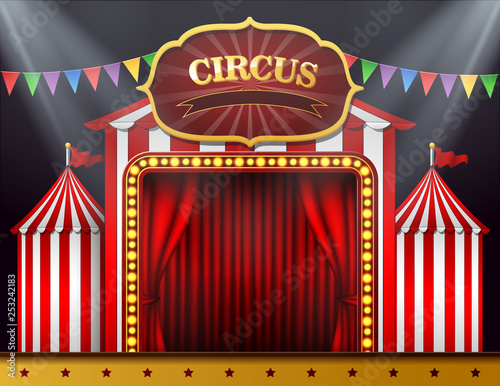 The circus entrance with a red curtain closed