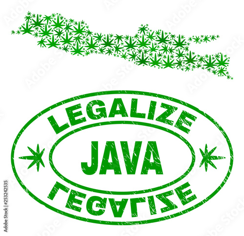 Vector cannabis Java Island map mosaic and grunge textured Legalize stamp seal. Concept with green weed leaves. Concept for cannabis legalize campaign.