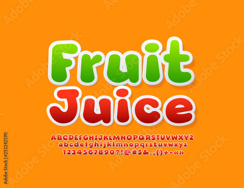 Vector bright Sign Fruit Juice. Colorful stylish Font. Set of Alphabet Letters, Numbers and Symbols.