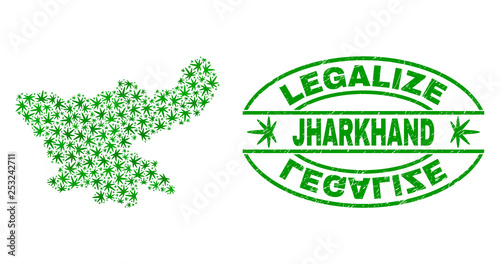 Vector cannabis Jharkhand State map collage and grunge textured Legalize stamp seal. Concept with green weed leaves. Concept for cannabis legalize campaign.