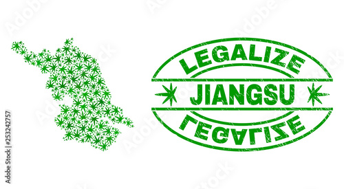Vector cannabis Jiangsu Province map mosaic and grunge textured Legalize stamp seal. Concept with green weed leaves. Concept for cannabis legalize campaign.