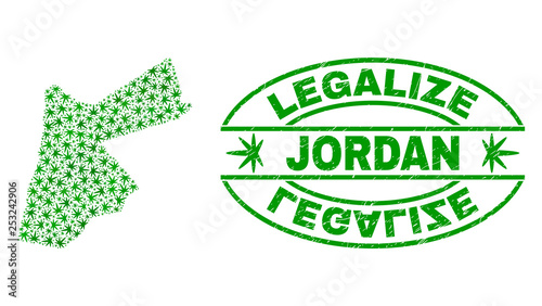 Vector cannabis Jordan map mosaic and grunge textured Legalize stamp seal. Concept with green weed leaves. Concept for cannabis legalize campaign. Vector Jordan map is designed with cannabis leaves.