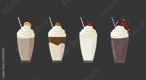 Milkshakes in glasses decorated with cookie, chocolate, cherry, donut, candies and cream flat vector illustration set.