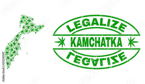 Vector marijuana Kamchatka map collage and grunge textured Legalize stamp seal. Concept with green weed leaves. Concept for cannabis legalize campaign.