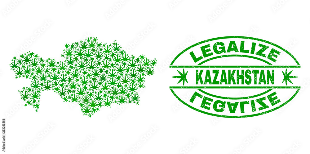 Vector cannabis Kazakhstan map mosaic and grunge textured Legalize stamp seal. Concept with green weed leaves. Concept for cannabis legalize campaign. Vector Kazakhstan map is formed from weed leaves.