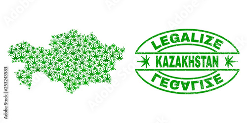 Vector cannabis Kazakhstan map mosaic and grunge textured Legalize stamp seal. Concept with green weed leaves. Concept for cannabis legalize campaign. Vector Kazakhstan map is formed from weed leaves.
