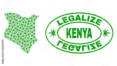 Vector marijuana Kenya map collage and grunge textured Legalize stamp seal. Concept with green weed leaves. Concept for cannabis legalize campaign. Vector Kenya map is composed with cannabis leaves.
