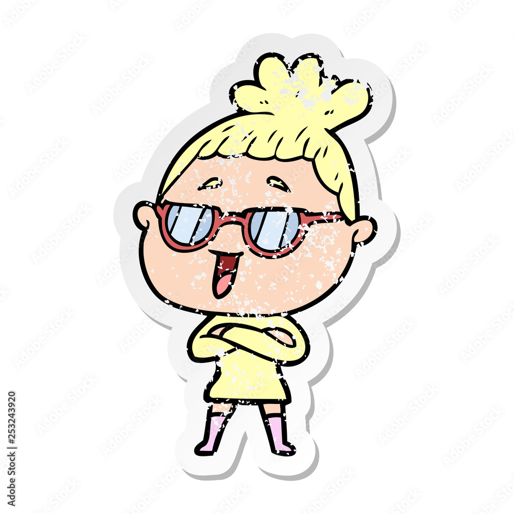 distressed sticker of a cartoon happy woman wearing spectacles distressed sticker of a cartoon happy woman wearing spectacles