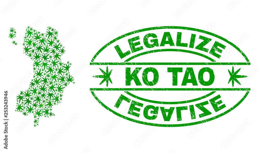 Vector cannabis Ko Tao map mosaic and grunge textured Legalize stamp seal. Concept with green weed leaves. Template for cannabis legalize campaign. Vector Ko Tao map is designed with weed leaves.
