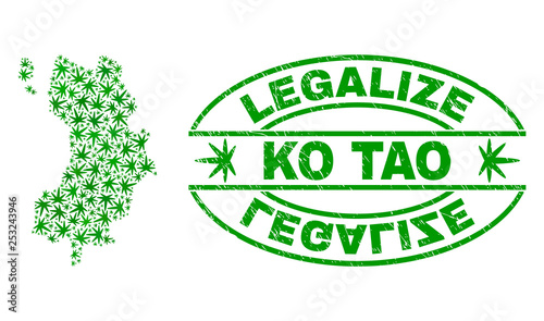 Vector cannabis Ko Tao map mosaic and grunge textured Legalize stamp seal. Concept with green weed leaves. Template for cannabis legalize campaign. Vector Ko Tao map is designed with weed leaves.