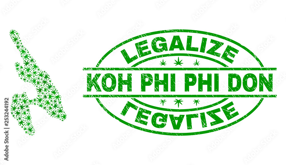 Vector cannabis Koh Phi Don map mosaic and grunge textured Legalize stamp seal. Concept with green weed leaves. Concept for cannabis legalize campaign.