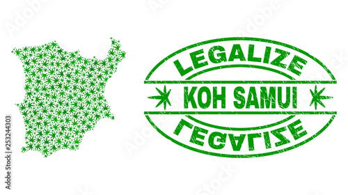 Vector cannabis Koh Samui map collage and grunge textured Legalize stamp seal. Concept with green weed leaves. Concept for cannabis legalize campaign.