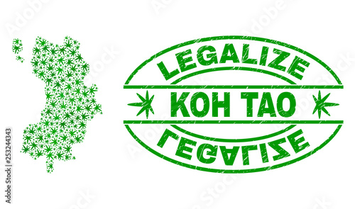 Vector cannabis Koh Tao map mosaic and grunge textured Legalize stamp seal. Concept with green weed leaves. Concept for cannabis legalize campaign. Vector Koh Tao map is organized with weed leaves.