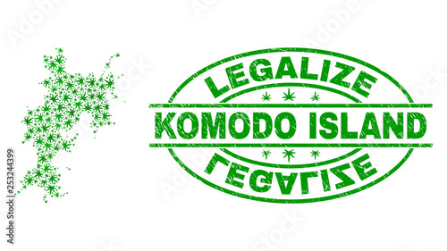 Vector marijuana Komodo Island map mosaic and grunge textured Legalize stamp seal. Concept with green weed leaves. Concept for cannabis legalize campaign.