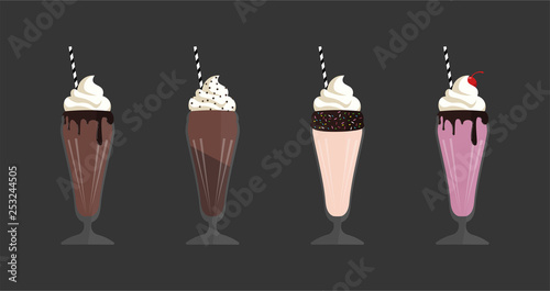 Milkshakes in glasses with chocolate, strawberry flat vector illustration set. Decorated with chocolate, candies and cream. 
