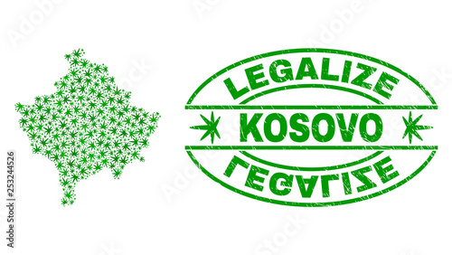 Vector cannabis Kosovo map collage and grunge textured Legalize stamp seal. Concept with green weed leaves. Concept for cannabis legalize campaign. Vector Kosovo map is composed of cannabis leaves.