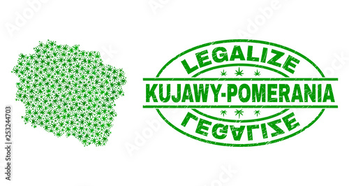 Vector cannabis Kujawy-Pomerania Province map mosaic and grunge textured Legalize stamp seal. Concept with green weed leaves. Concept for cannabis legalize campaign.