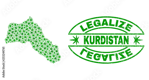 Vector marijuana Kurdistan map mosaic and grunge textured Legalize stamp seal. Concept with green weed leaves. Concept for cannabis legalize campaign.