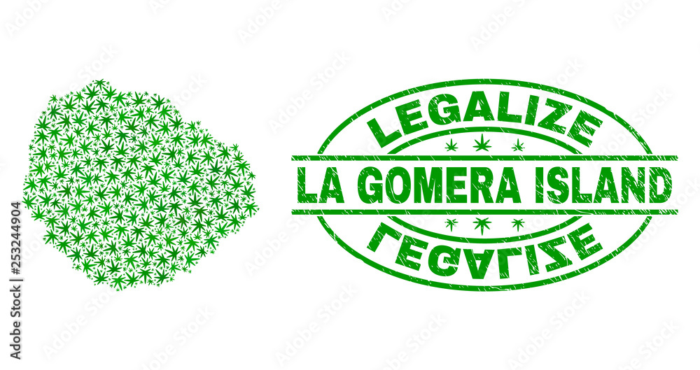 Vector cannabis La Gomera Island map collage and grunge textured Legalize stamp seal. Concept with green weed leaves. Concept for cannabis legalize campaign.