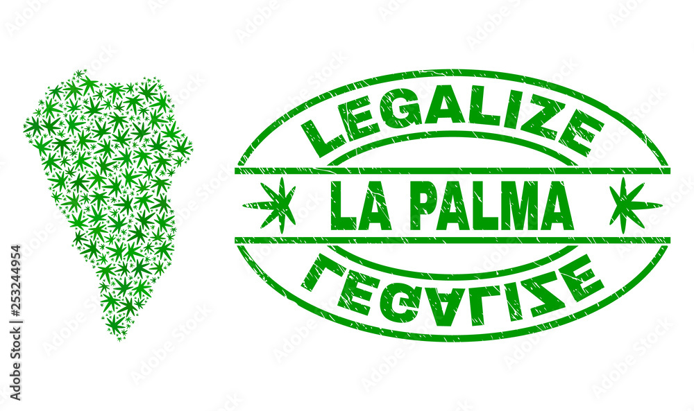 Vector cannabis La Palma Island map mosaic and grunge textured Legalize stamp seal. Concept with green weed leaves. Template for cannabis legalize campaign. Vector cannabis La Palma Island map mosaic and grunge textured Legalize stamp seal. Concept with green weed leaves. Template for cannabis legalize campaign.