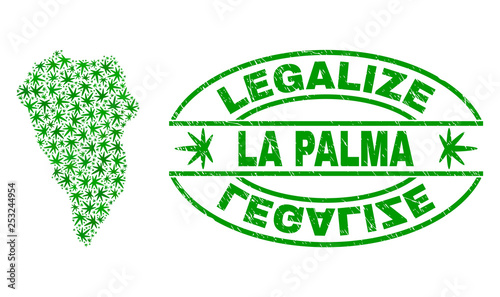 Vector cannabis La Palma Island map mosaic and grunge textured Legalize stamp seal. Concept with green weed leaves. Template for cannabis legalize campaign.