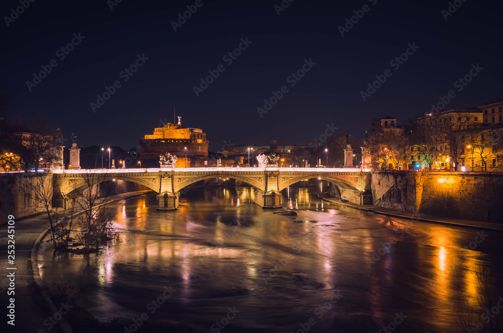 Night view of the Castle of the Holy Angel (Castel Sant' Angelo ), one of the top sights in Rome situated in short distance from Vatican.