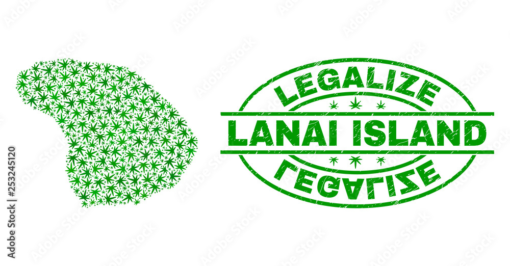 Vector cannabis Lanai Island map mosaic and grunge textured Legalize stamp seal. Concept with green weed leaves. Concept for cannabis legalize campaign.