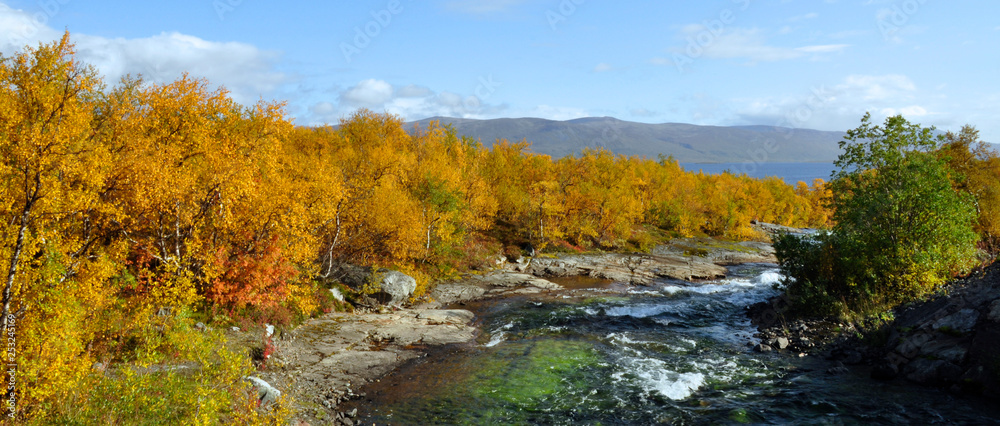 Flowing river in autumn. Abisko national park in Sweden.