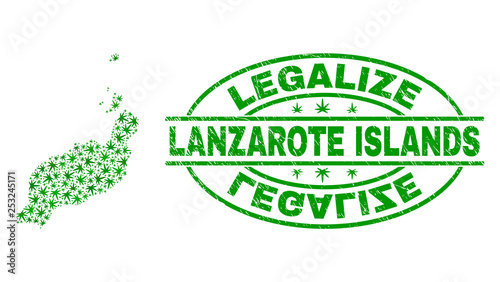 Vector cannabis Lanzarote Islands map collage and grunge textured Legalize stamp seal. Concept with green weed leaves. Concept for cannabis legalize campaign.