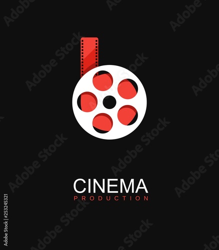 Cinema logo vector logo template. Stylized movies reel with red filmstrip on black background. Entertainment logotype concept