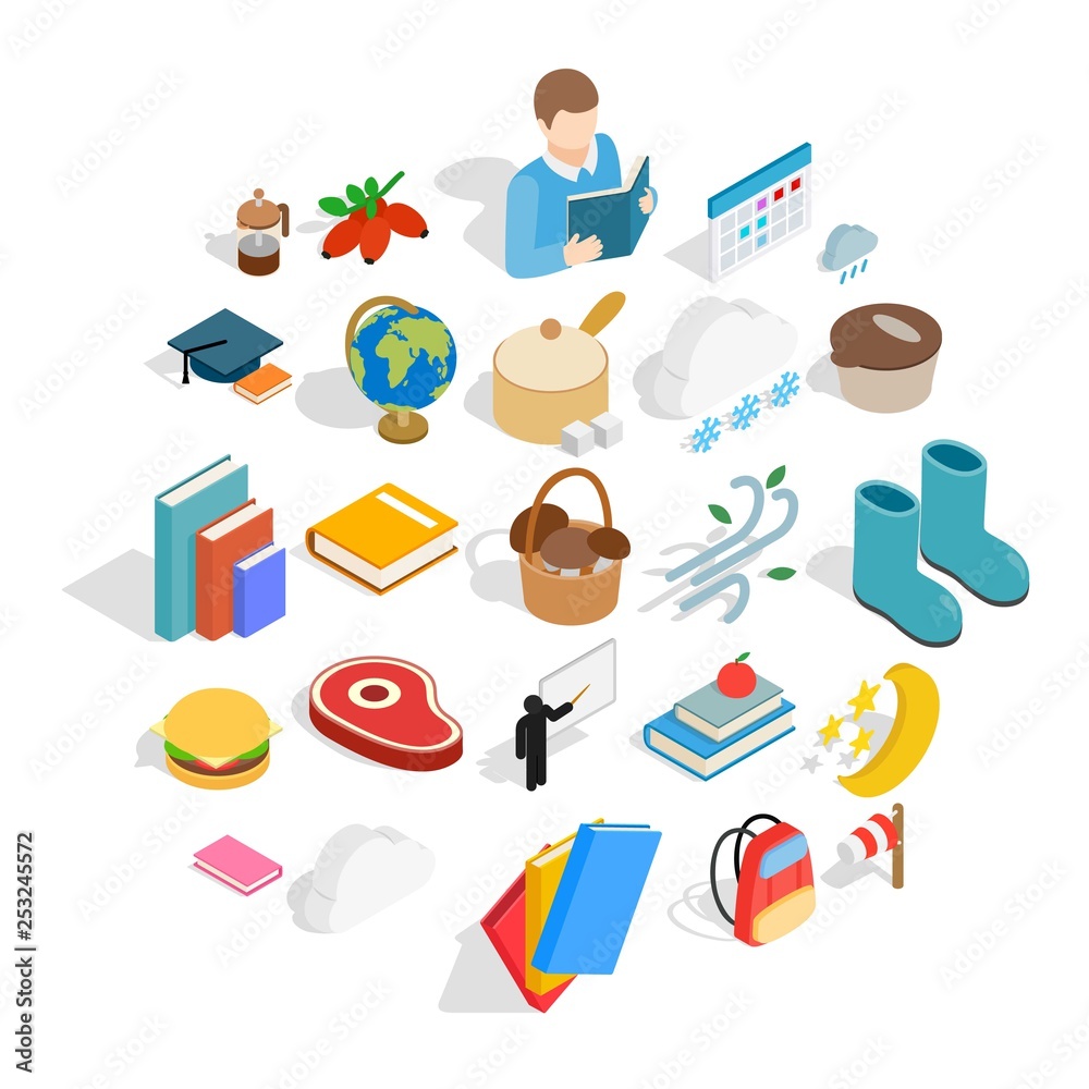 Autumn journey icons set. Isometric set of 25 autumn journey vector icons for web isolated on white background Autumn journey icons set. Isometric set of 25 autumn journey vector icons for web isolated on white background